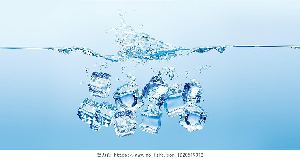 蓝色冰块水花水泡气泡冰凉夏天冰霜凉爽水中背景夏天冰块
